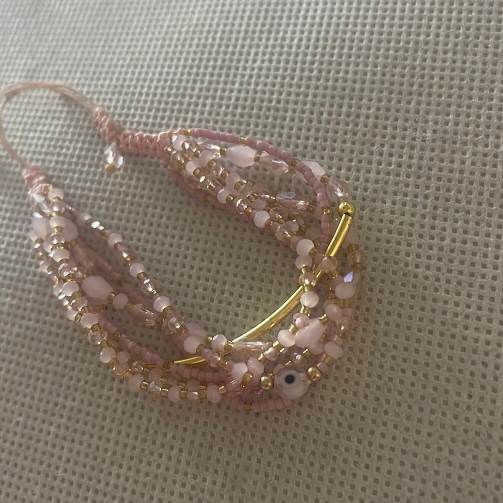 Boho pink Evil eye bead,crystals and string bracelet